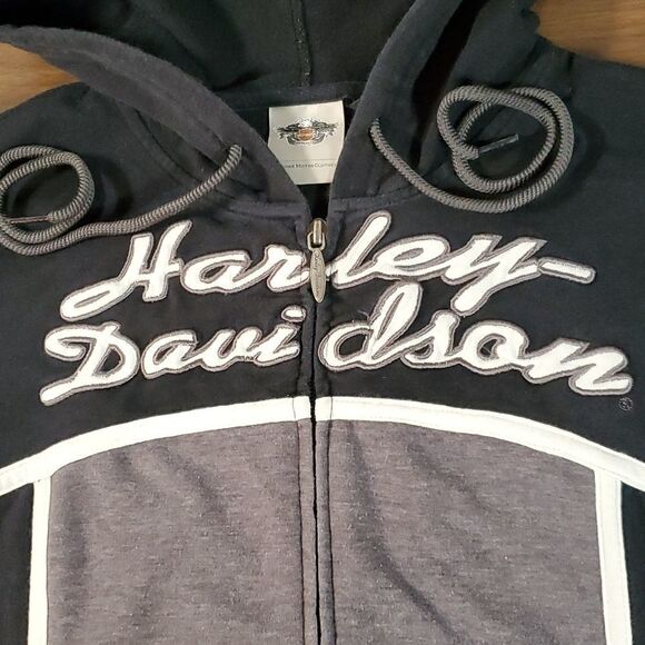 Harley Davidson Script Logo‎ Ladies Hoodie Bar & Shield Patch Medium Black Grey - Picture 2 of 8